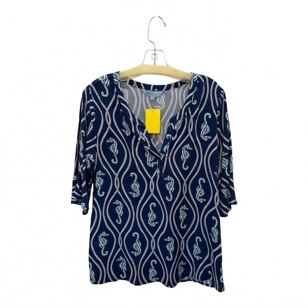NEW ESCAPADA women's zoe seahorse blouse in navy/turquoise